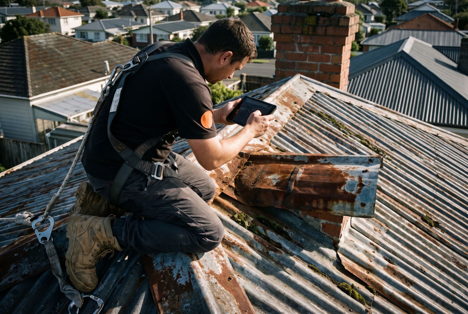 Roofer inspecting a rusted iron roof